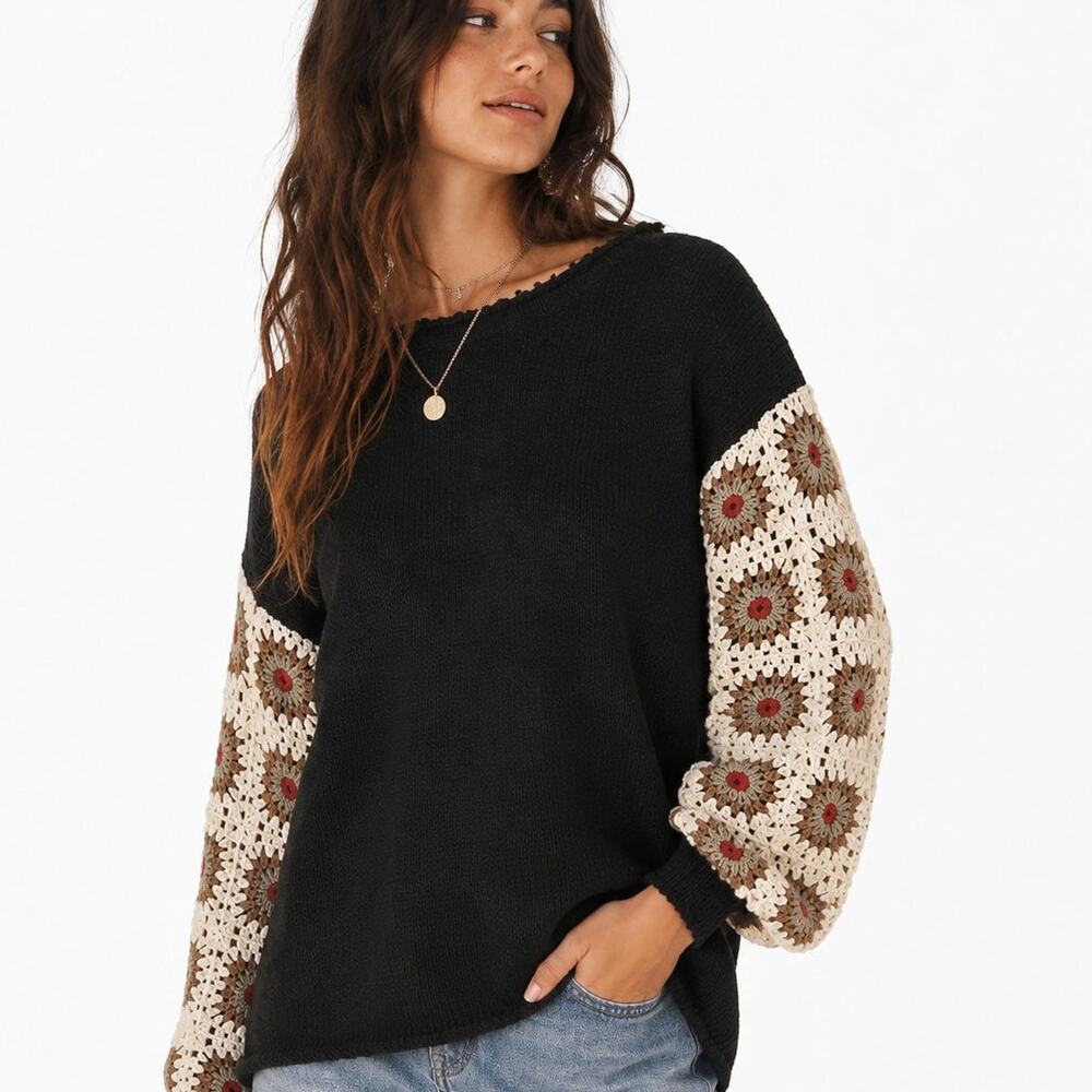 POL Sweater Womens Small Black Granny Square Sleeves Boho Retro Grannycore